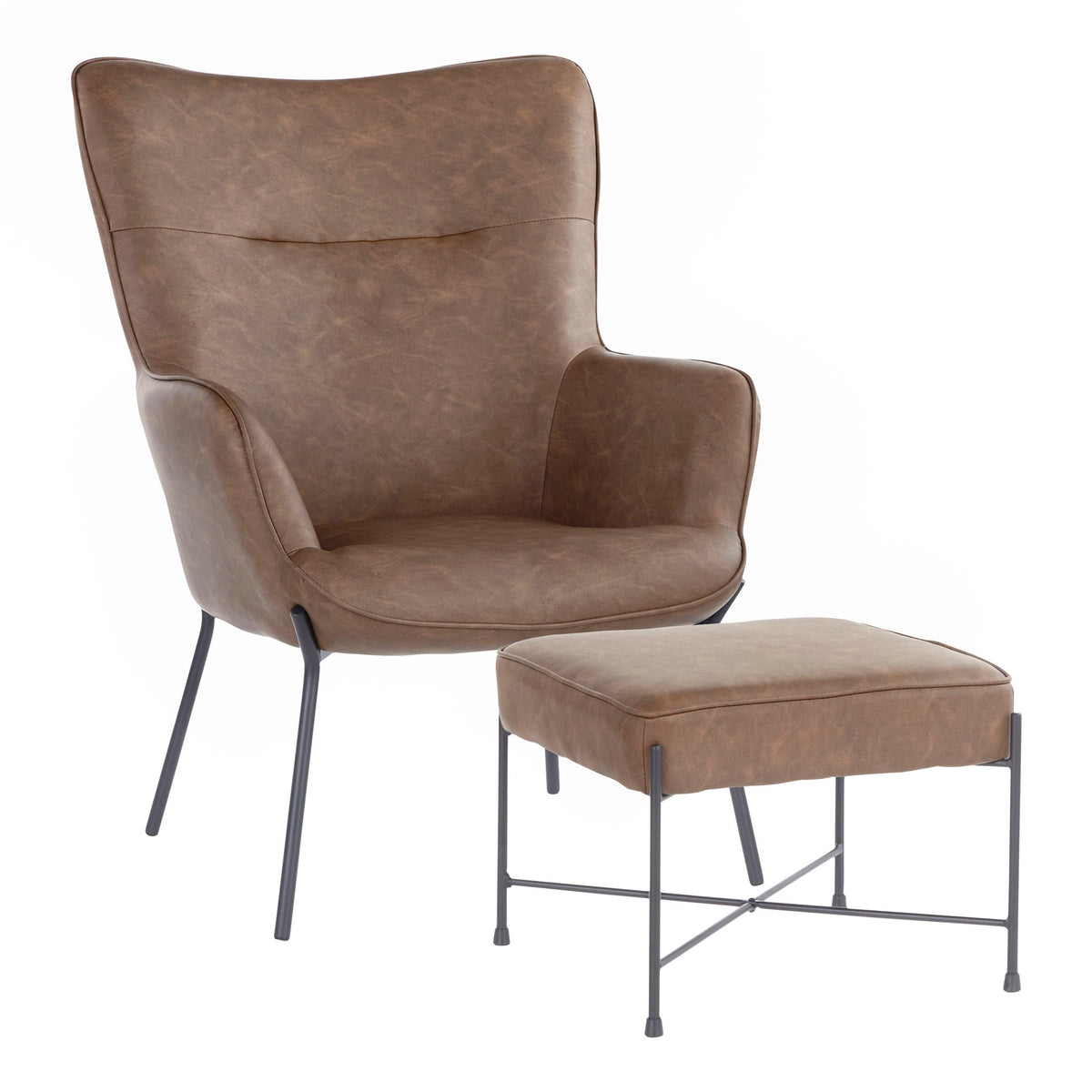 HouseOfZazla industrial lounge chair and ottoman in dark brown leather with metal legs on Tampa Home & Garden Store