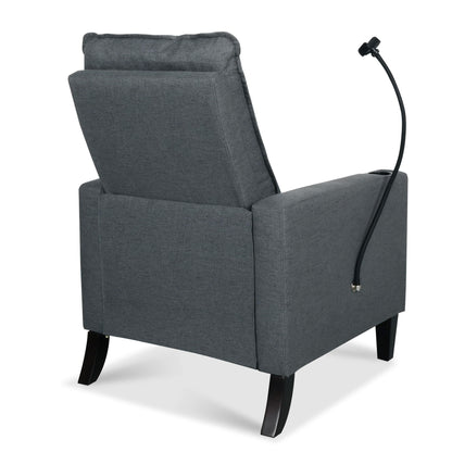 Recliner chair in dark gray fabric with padded back and arms, curved black legs on Tampa Home & Garden Store