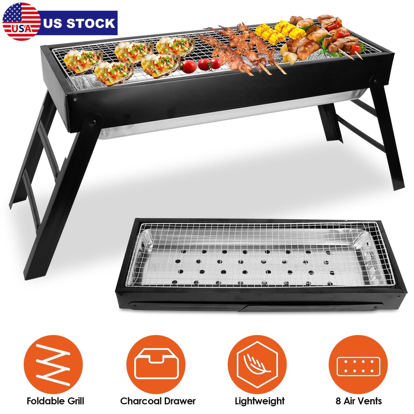 GemGear foldable charcoal BBQ grill, stainless steel, portable tabletop on Tampa Home & Garden Store