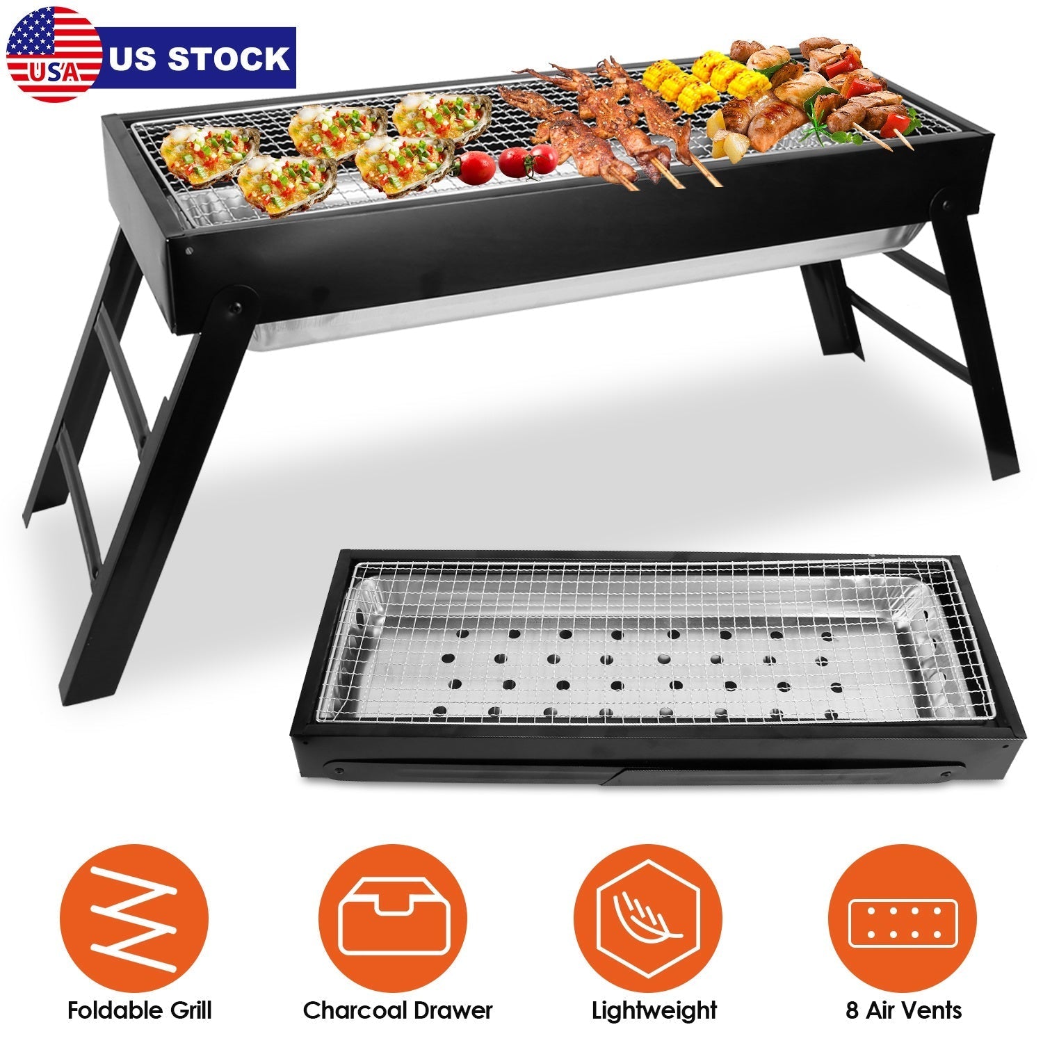 GemGear foldable charcoal BBQ grill, stainless steel, portable tabletop on Tampa Home & Garden Store