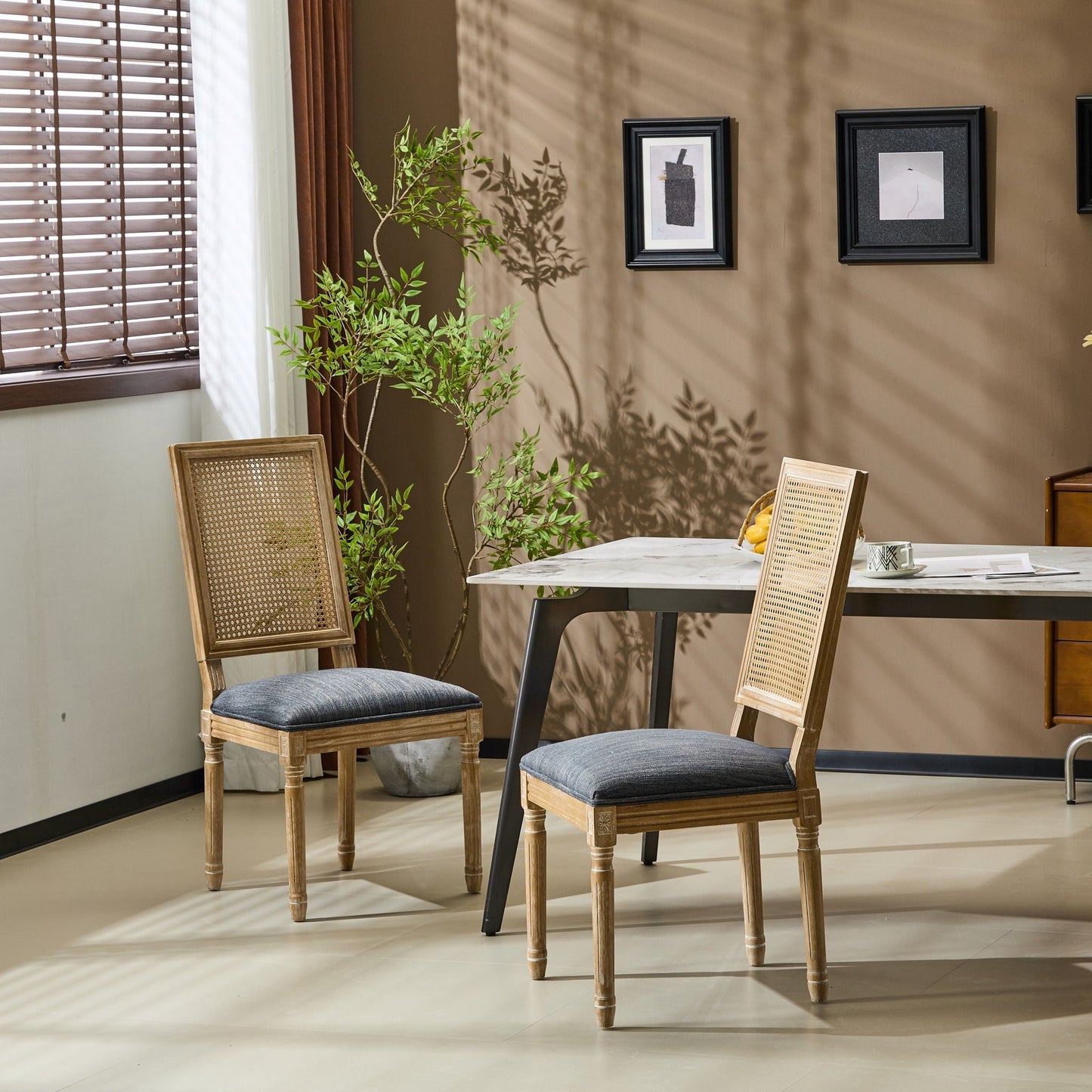 French dining chair with rectangular cane backrest and smooth upholstered seating, set of 2 on Tampa Home & Garden Store