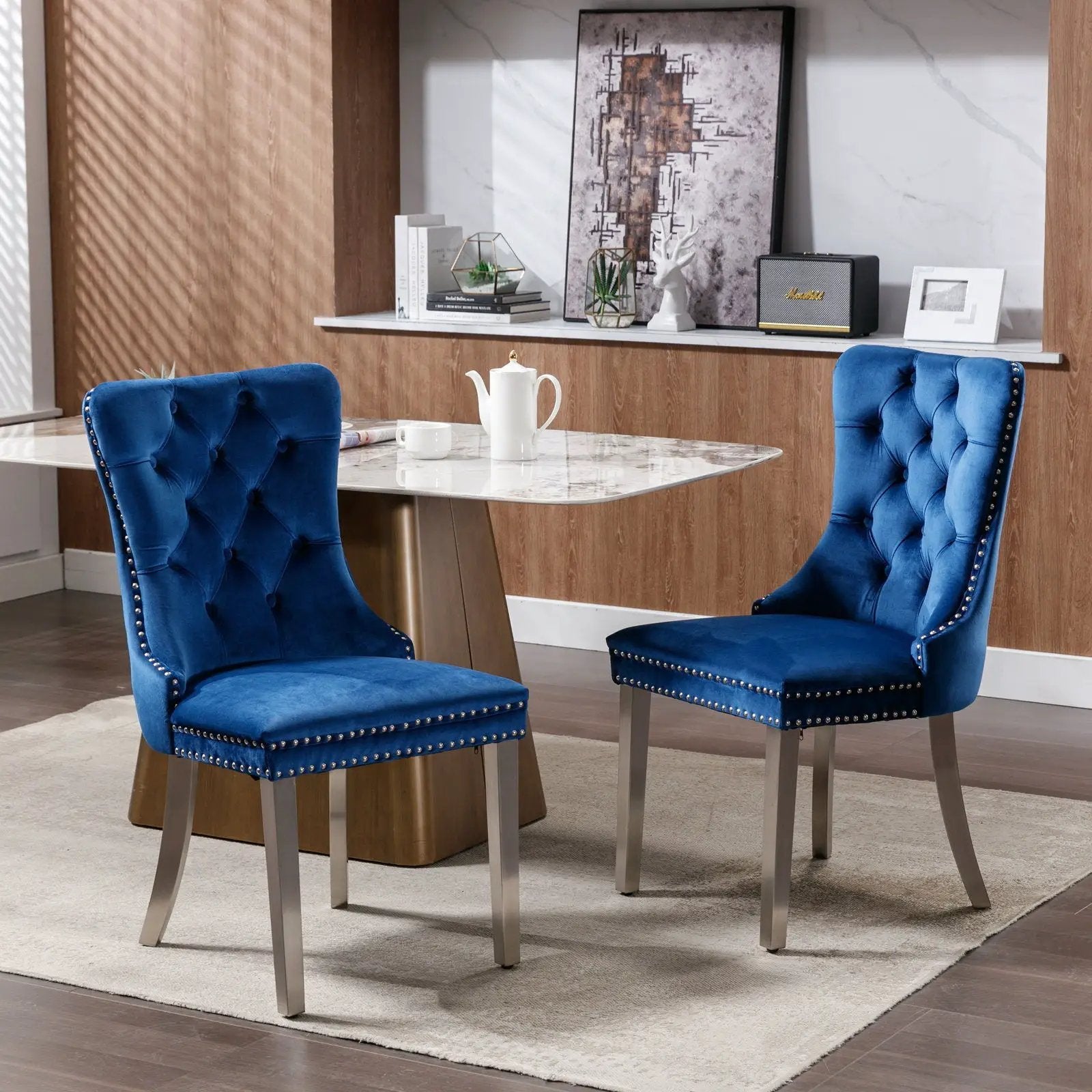 Nikki Contemporary Upholstered Dining Chair blue velvet tufted with metal legs set of 2 on Tampa Home & Garden Store
