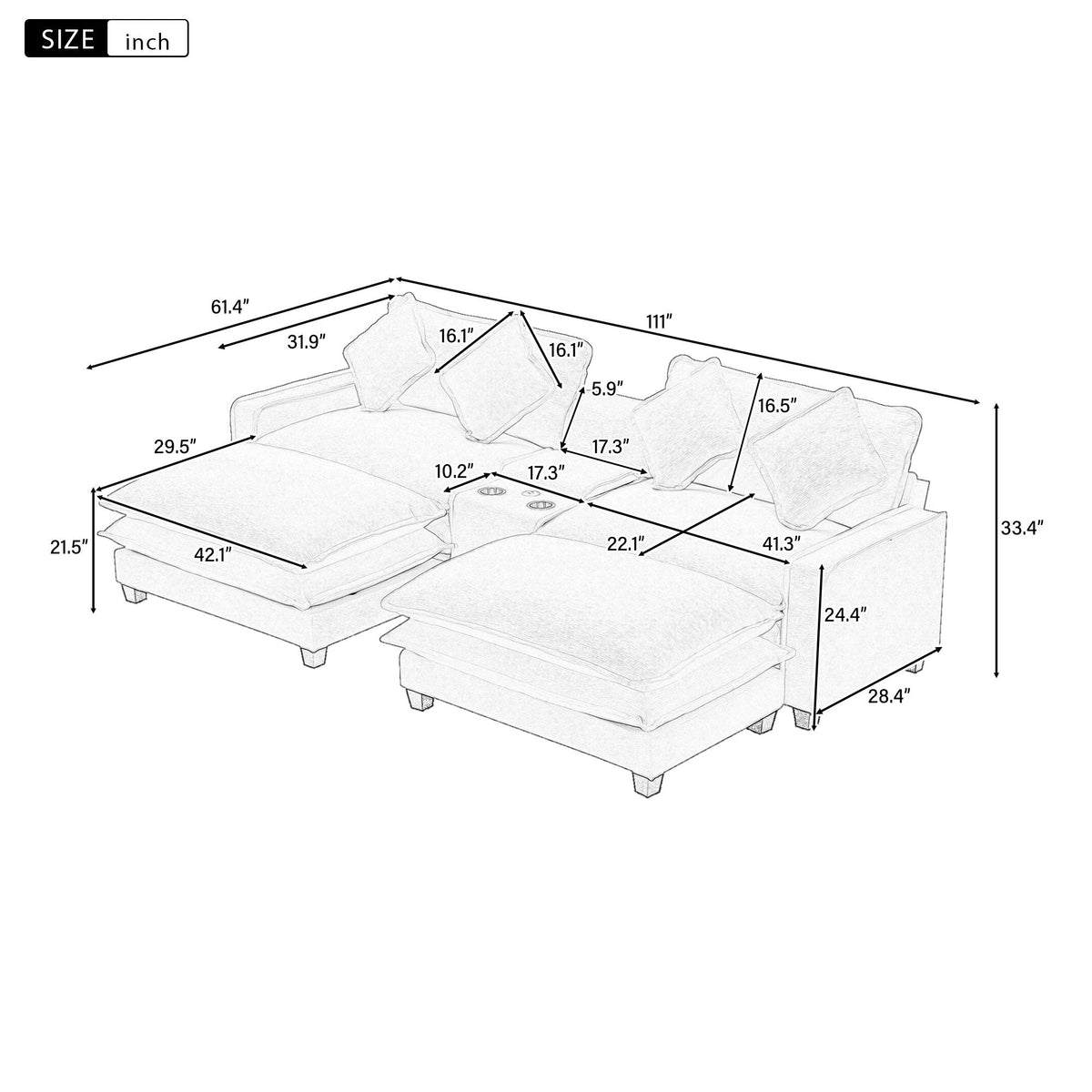 Sectional sofa with removable ottomans gray and light blue, 3pc set USB ports by HouseOfZazla on Tampa Home & Garden Store