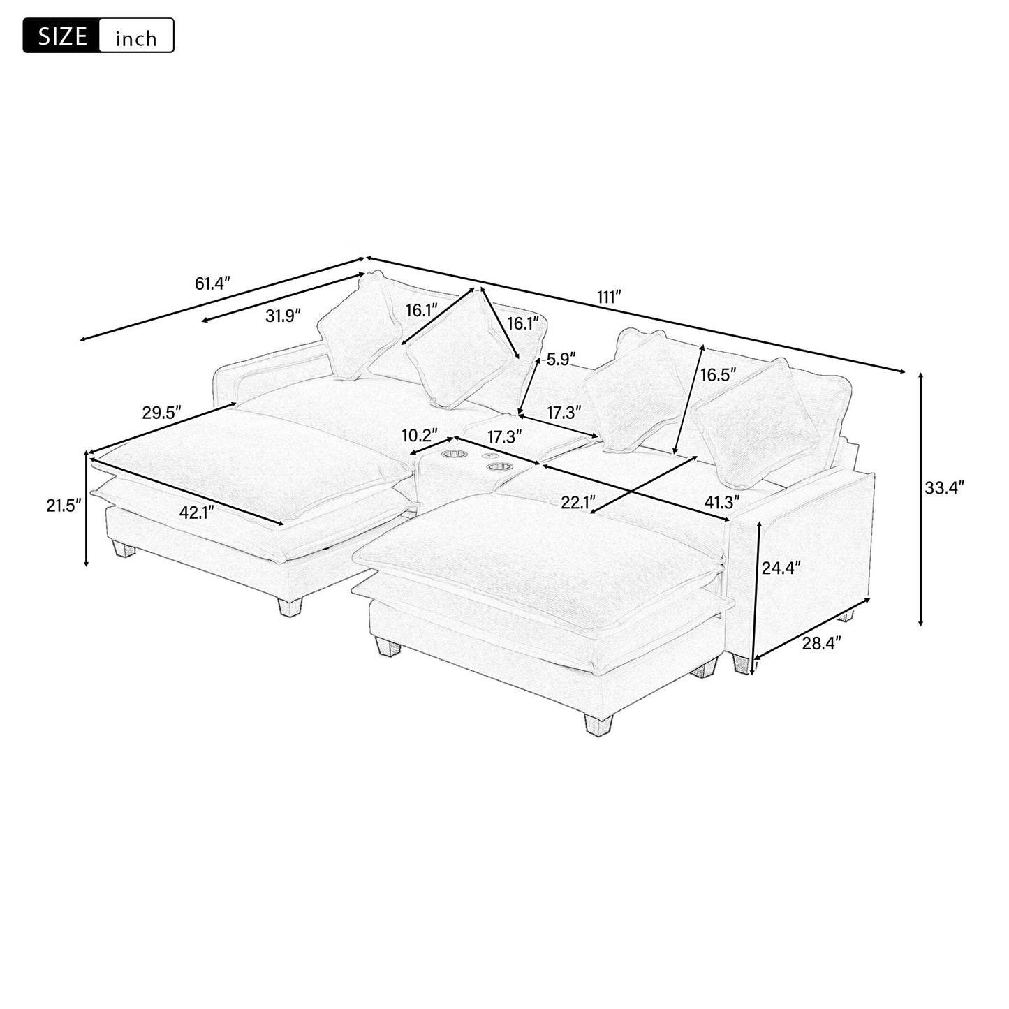 HouseOfZazla 3-piece modern sectional sofa with removable ottomans and USB ports on Tampa Home & Garden Store