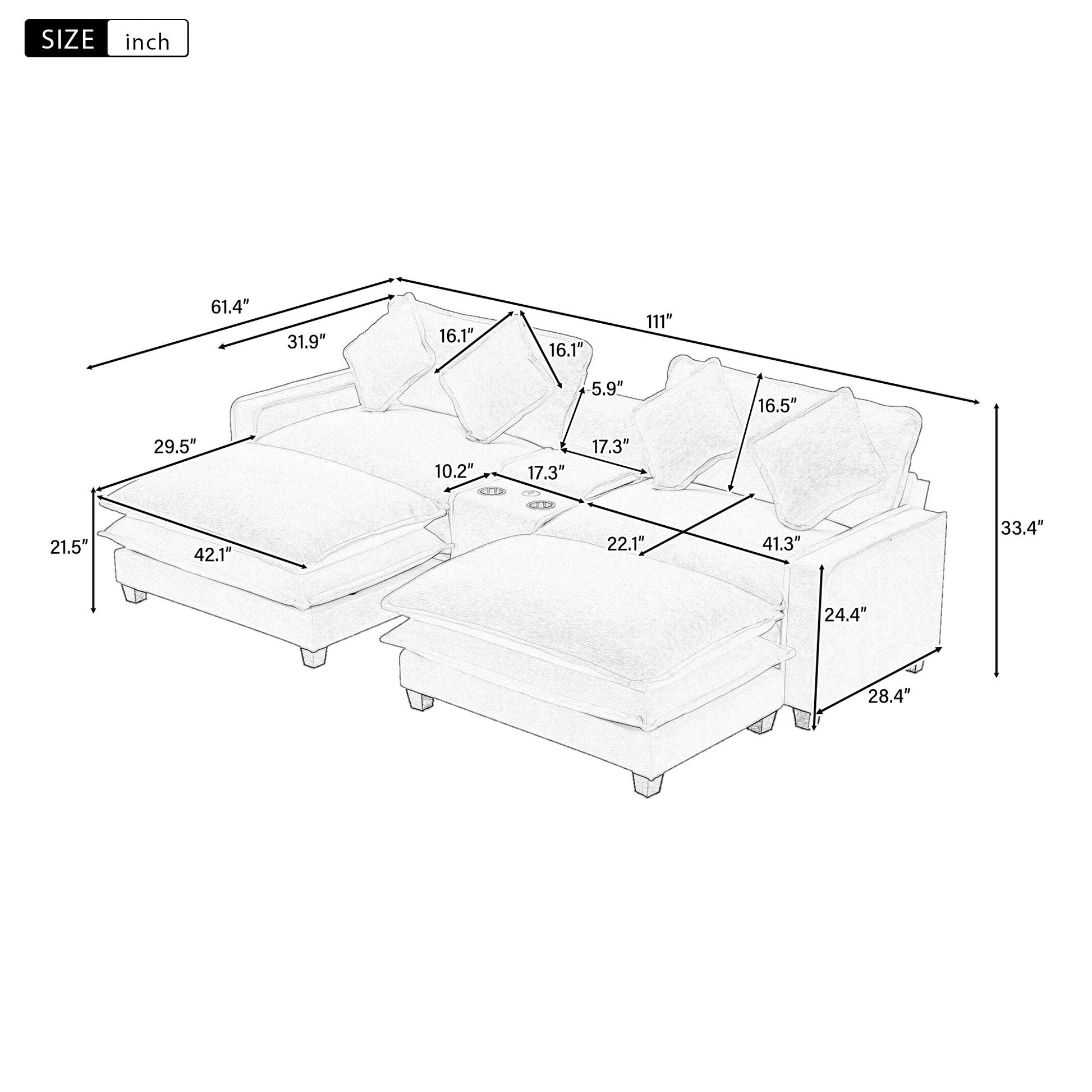 HouseOfZazla 3-piece modern sectional sofa with removable ottomans and USB ports on Tampa Home & Garden Store