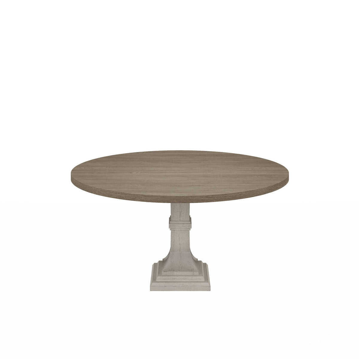Round dining table with wood grain top and gray pedestal base on Tampa Home & Garden Store