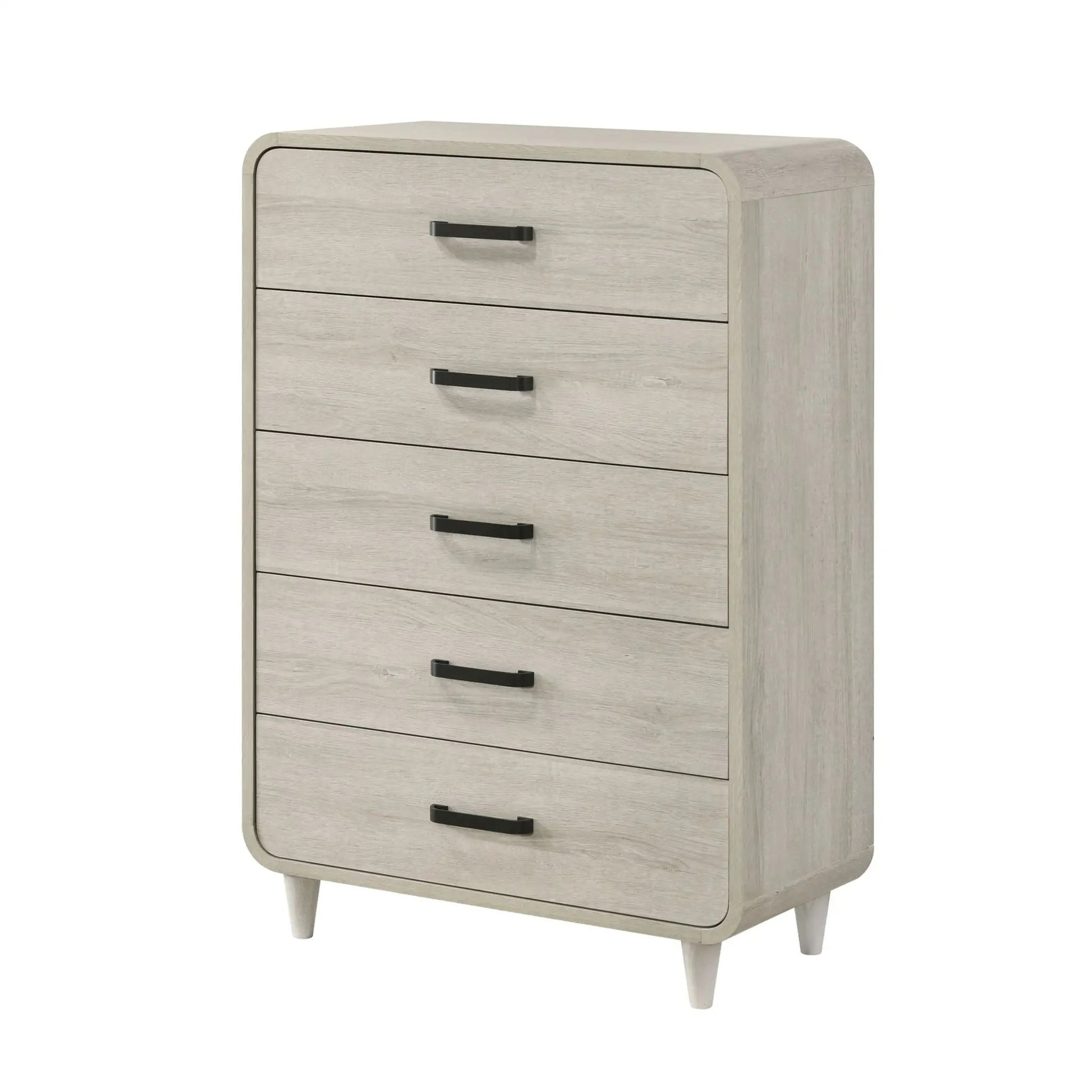 5-drawer tall accent chest in antique white wood finish with black bar pulls and rounded corners on Tampa Home & Garden Store