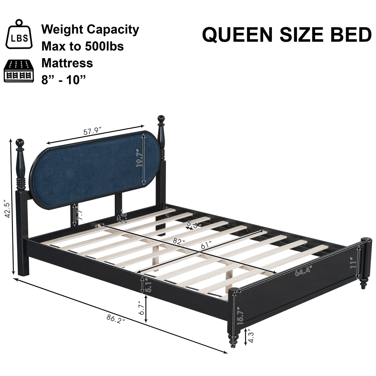Queen Upholstered Bed Frame With Wood and Slats