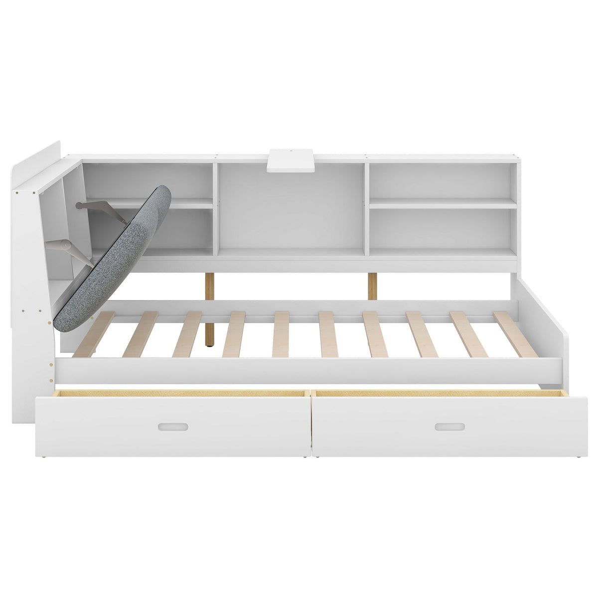 Platform bed with storage headboard and shelves, white finish, 2 drawers HouseOfZazla on Tampa Home & Garden Store