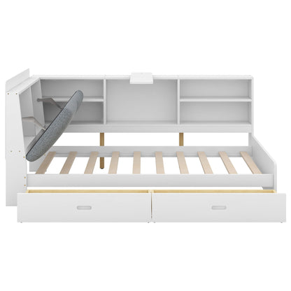 Platform bed with storage headboard and shelves, white finish, 2 drawers HouseOfZazla on Tampa Home & Garden Store