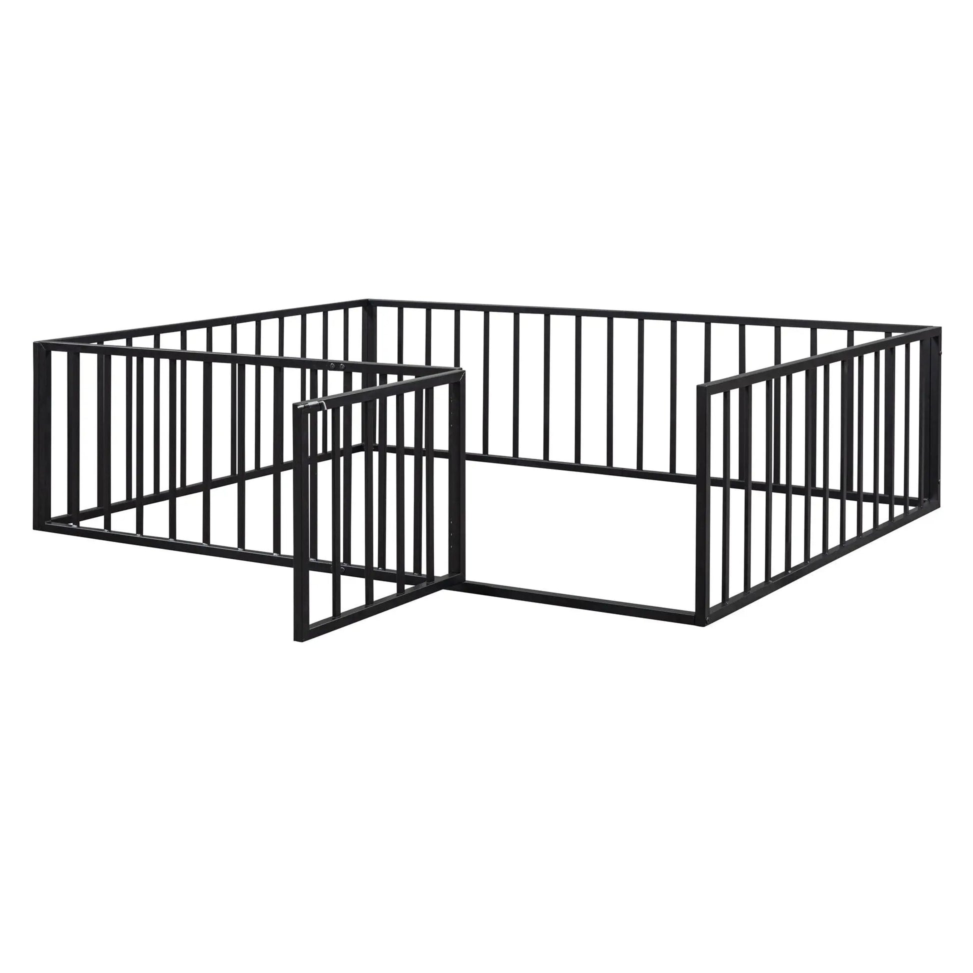 Metal floor bed frame with fence and door, black metal panel bed design on Tampa Home & Garden Store