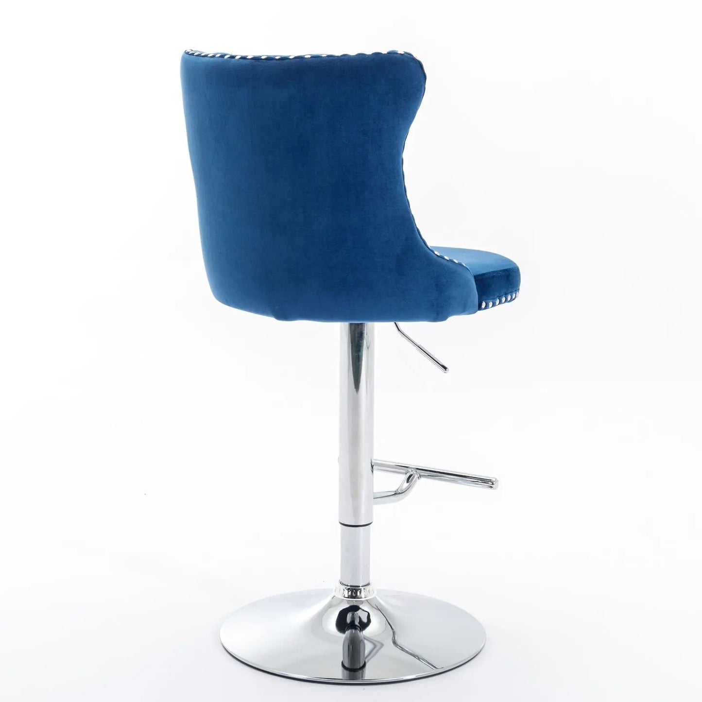 Blue upholstered swivel bar stool with chrome pedestal base and footrest on Tampa Home & Garden Store