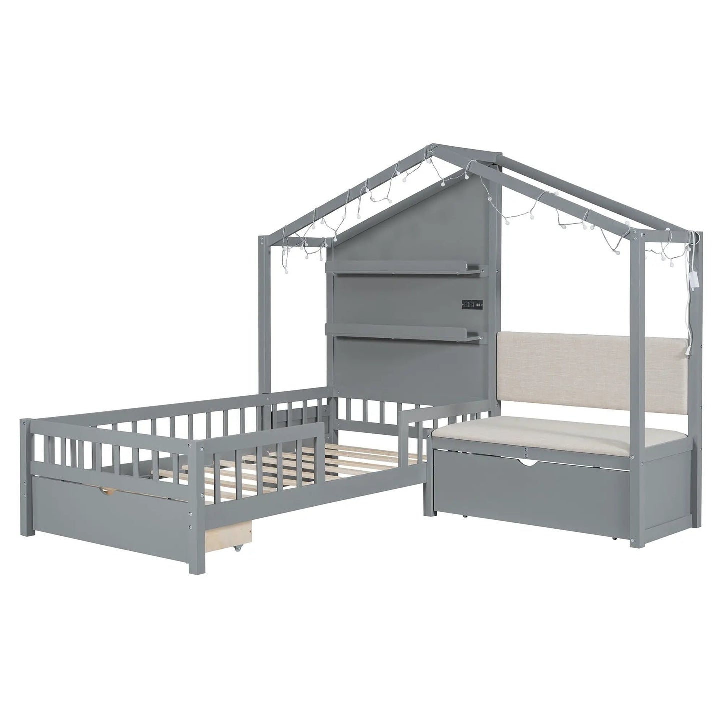 House bed with upholstered sofa, gray metal frame, wireless charging, shelves and 2 drawers on Tampa Home & Garden Store