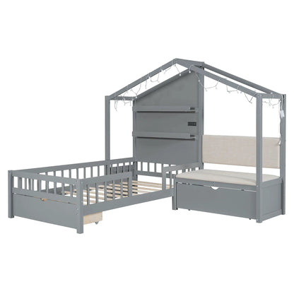 House bed with upholstered sofa, gray metal frame, wireless charging, shelves and 2 drawers on Tampa Home & Garden Store