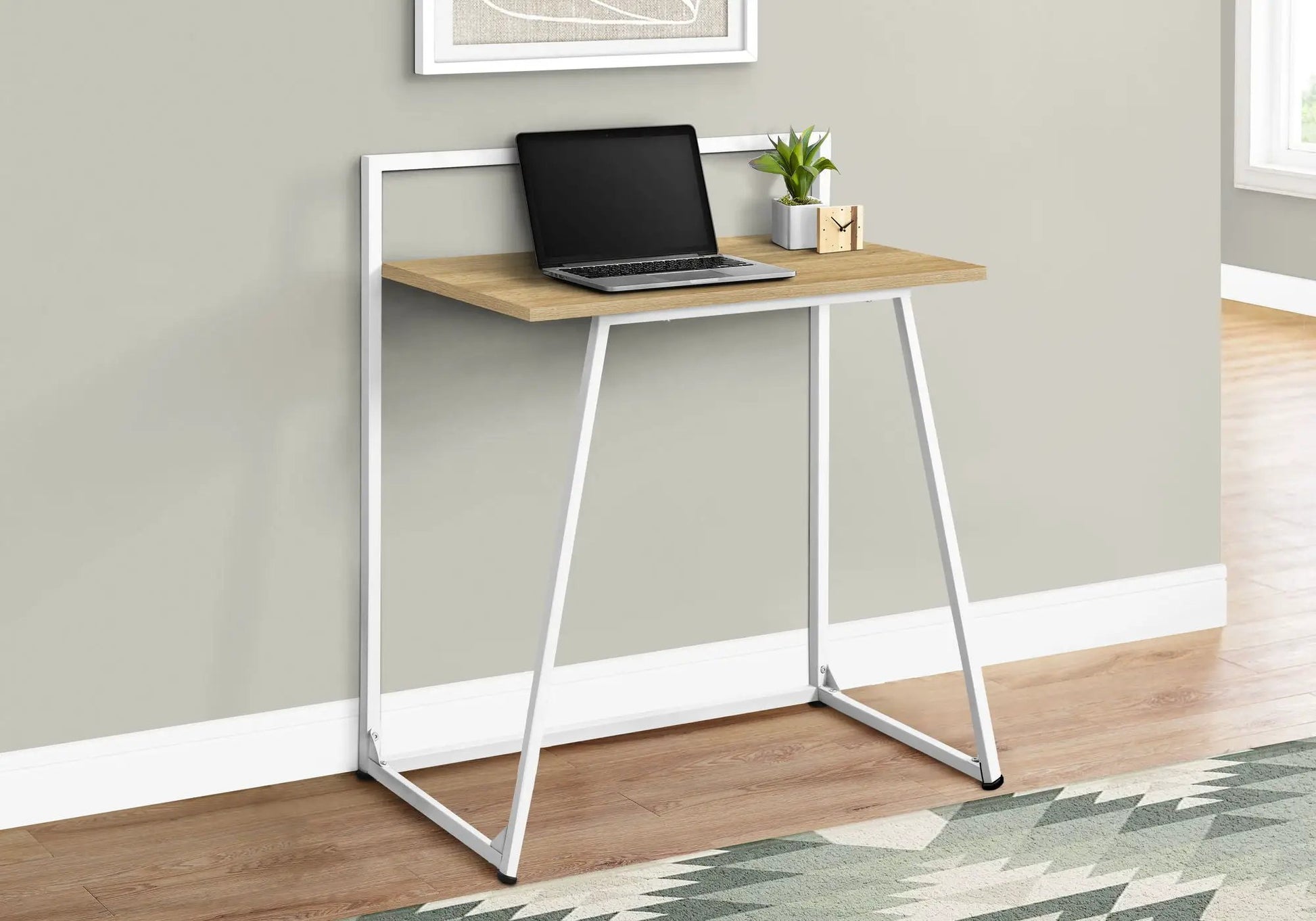Computer desk for home office with light oak wood top and white metal frame on Tampa Home & Garden Store
