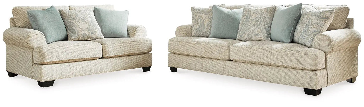 Monaghan Sandstone two-piece sofa set with teal cushions by Unique Piece Furniture on Tampa Home & Garden Store