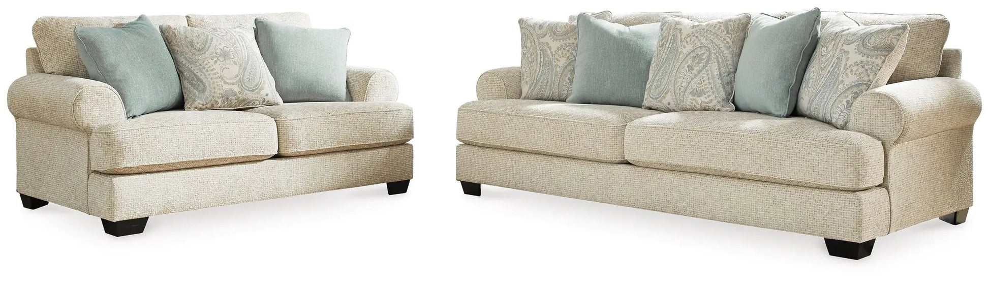 Monaghan Sandstone two-piece sofa set with teal cushions by Unique Piece Furniture on Tampa Home & Garden Store