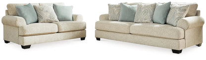 Monaghan Sandstone two-piece sofa set with teal cushions by Unique Piece Furniture on Tampa Home & Garden Store