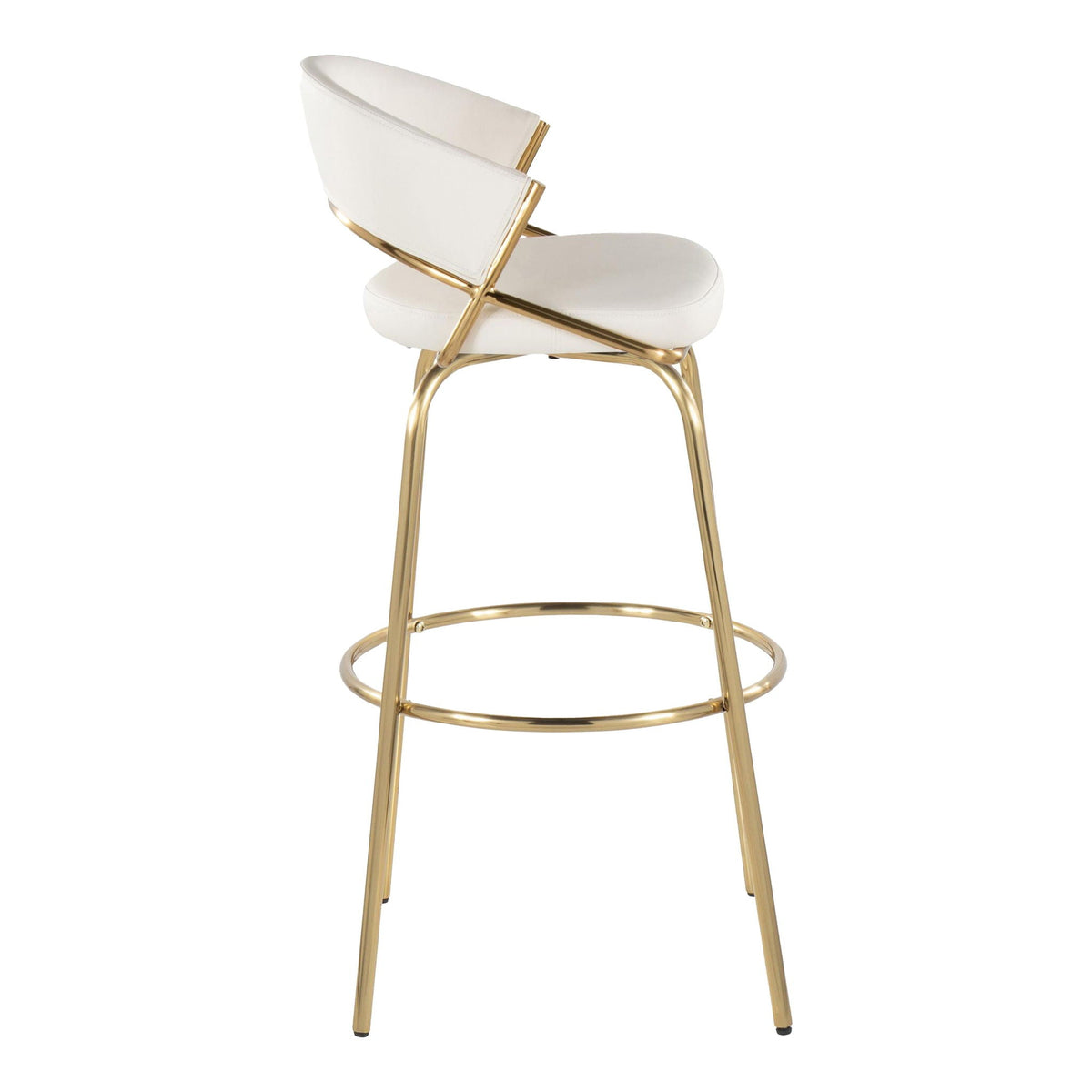 Contemporary swivel barstool set white upholstery, gold metal frame and round footrest on Tampa Home & Garden Store