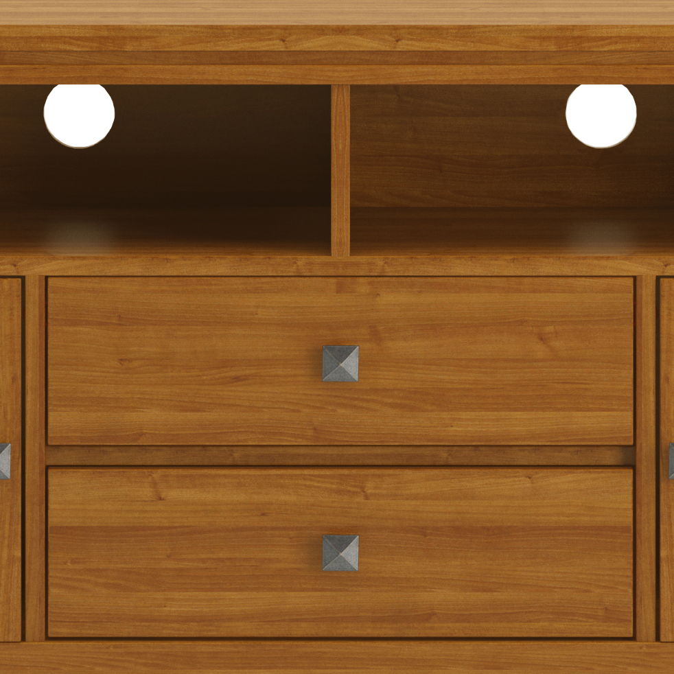 Wide Handcrafted Solid Wood TV Stand with open cubbies and two drawers in warm oak on Tampa Home & Garden Store