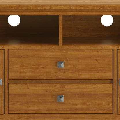 Wide Handcrafted Solid Wood TV Stand with open cubbies and two drawers in warm oak on Tampa Home & Garden Store