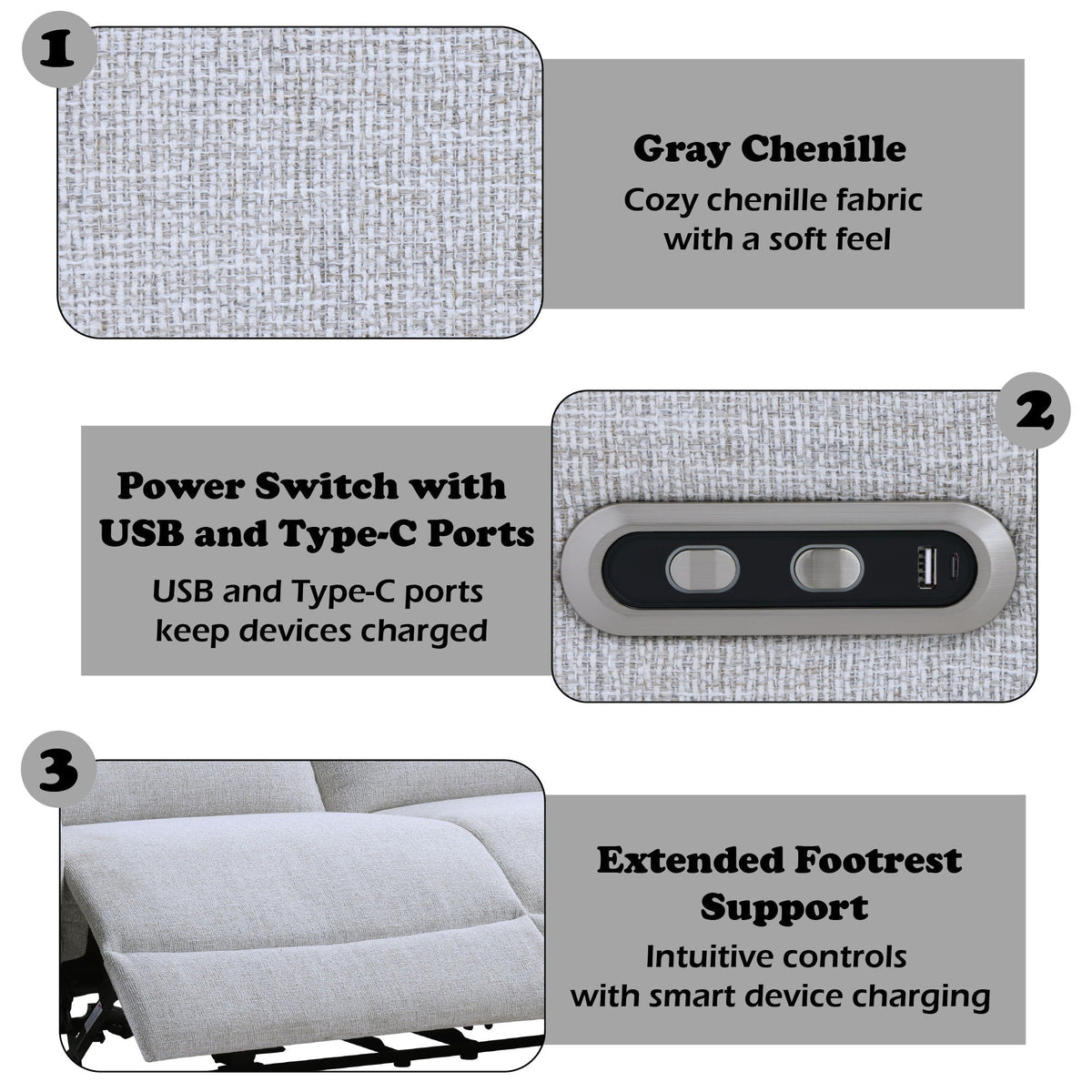 Eastre Power Motion Sofa with USB Port Gray