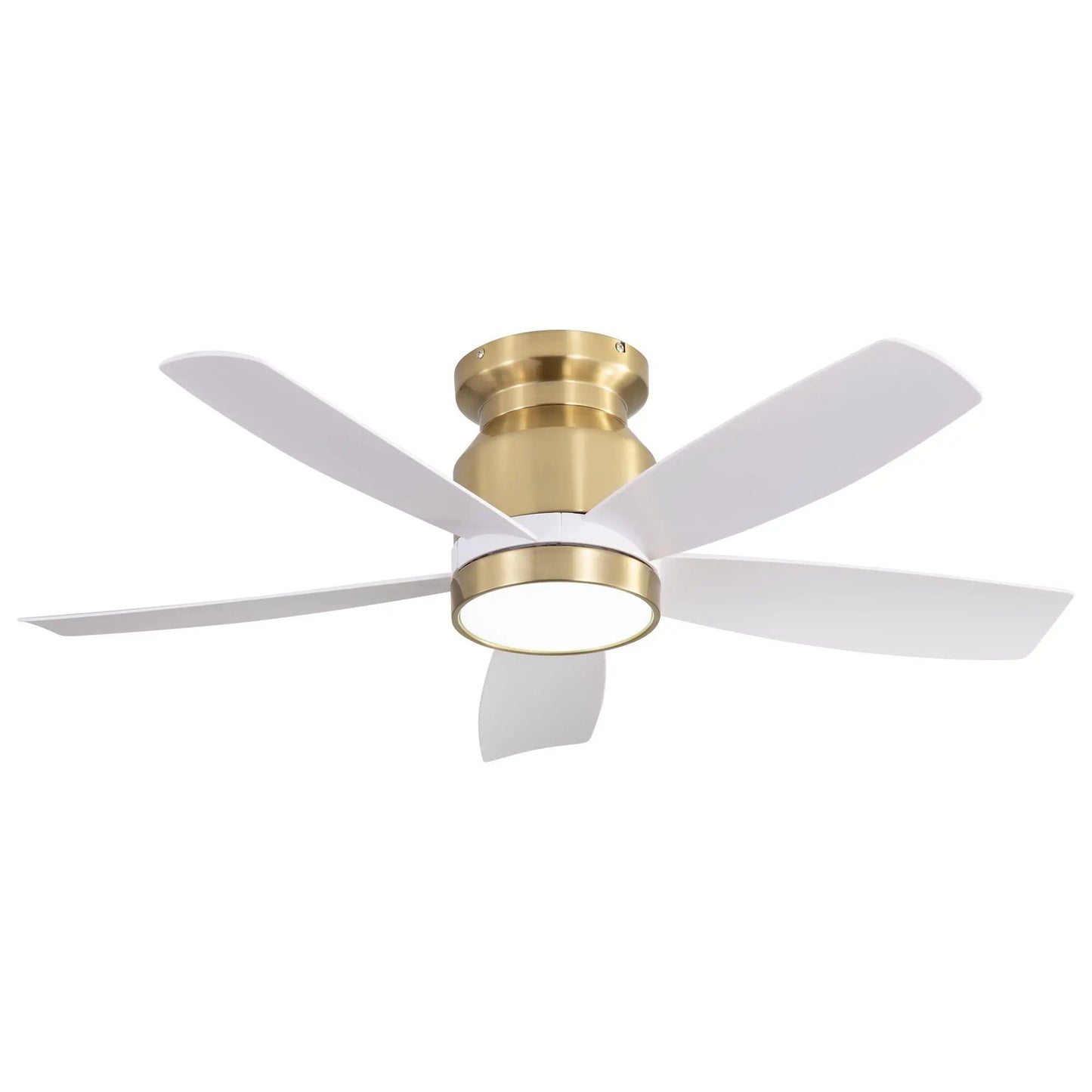 Flush mount ceiling fan with LED light, white blades and brass body with remote on Tampa Home & Garden Store