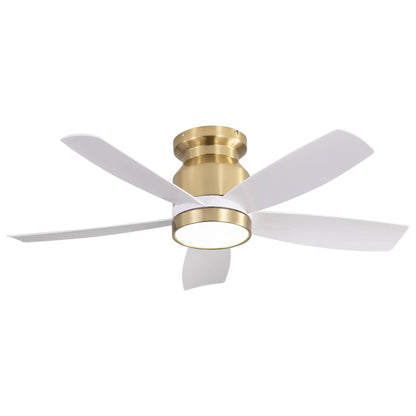 Flush mount ceiling fan with LED light, white blades and brass body with remote on Tampa Home & Garden Store