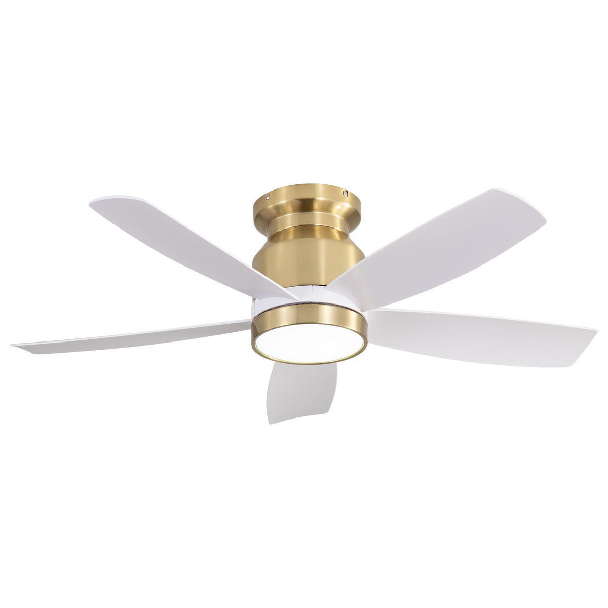 Flush mount ceiling fan with white blades brass housing and LED ring light on Tampa Home & Garden Store