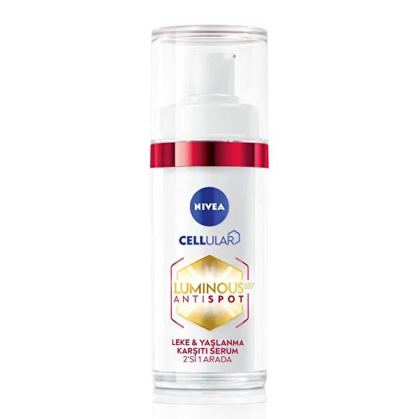 Face serum Nivea Cellular Luminous630 bottle with blue logo, gold hex label, clear cap on Tampa Home & Garden Store