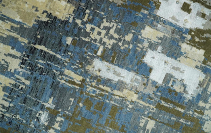 Alfombra antigua de lana y seda, de estilo abstracto moderno, beige y azul, fina, anudada a mano, de 23 x 30 cm | AGR31