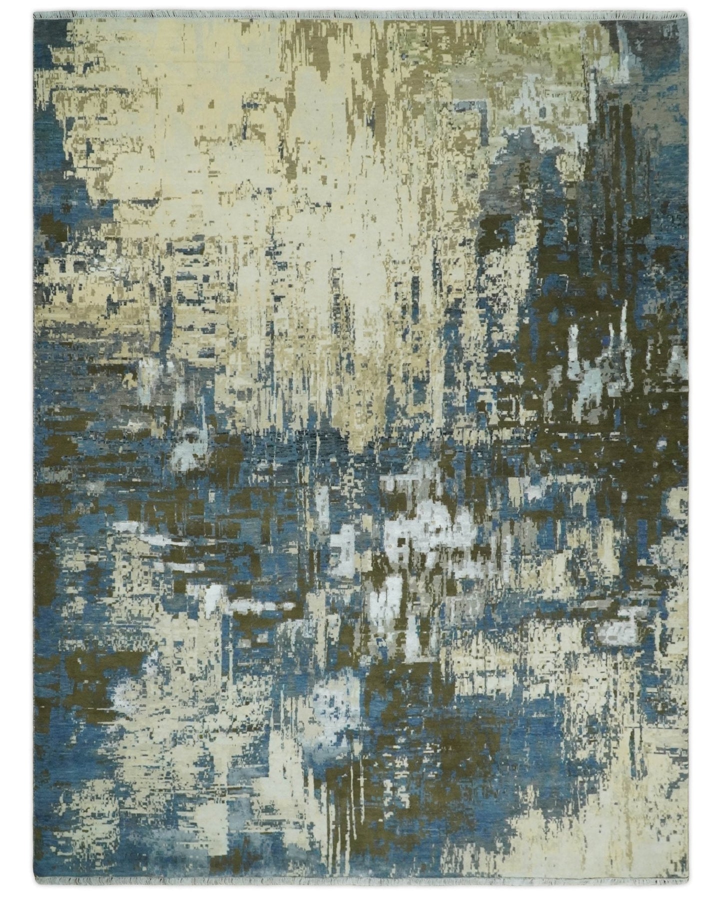 Alfombra antigua de lana y seda, de estilo abstracto moderno, beige y azul, fina, anudada a mano, de 23 x 30 cm | AGR31
