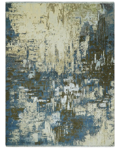 Alfombra antigua de lana y seda, de estilo abstracto moderno, beige y azul, fina, anudada a mano, de 23 x 30 cm | AGR31