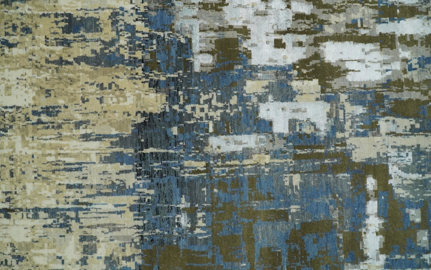 Alfombra antigua de lana y seda, de estilo abstracto moderno, beige y azul, fina, anudada a mano, de 23 x 30 cm | AGR31