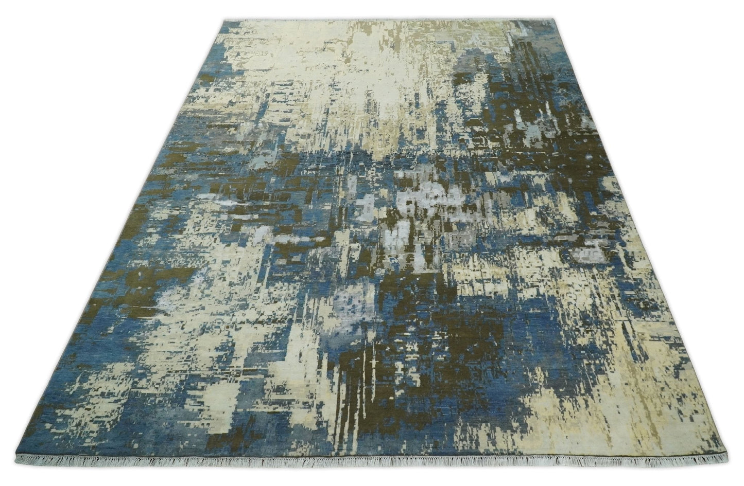 Alfombra antigua de lana y seda, de estilo abstracto moderno, beige y azul, fina, anudada a mano, de 23 x 30 cm | AGR31