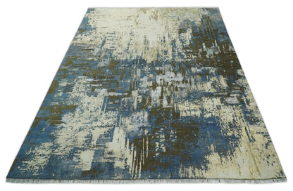 Alfombra antigua de lana y seda, de estilo abstracto moderno, beige y azul, fina, anudada a mano, de 23 x 30 cm | AGR31