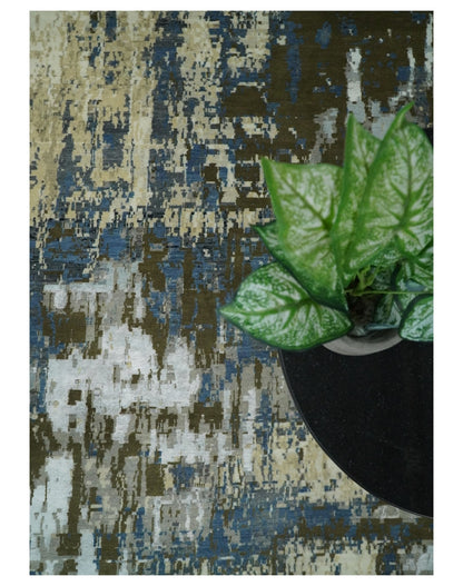Alfombra antigua de lana y seda, de estilo abstracto moderno, beige y azul, fina, anudada a mano, de 23 x 30 cm | AGR31