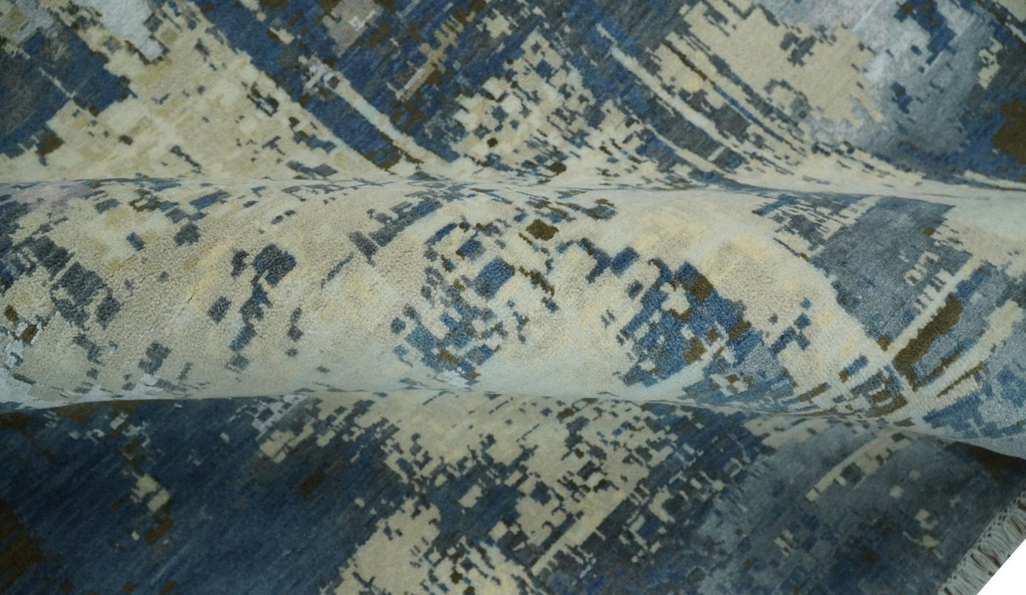 Alfombra antigua de lana y seda, de estilo abstracto moderno, beige y azul, fina, anudada a mano, de 23 x 30 cm | AGR31
