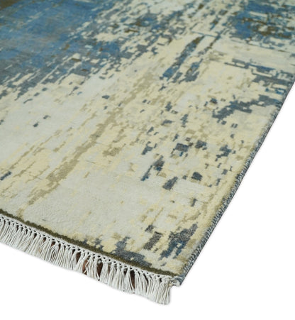 Alfombra antigua de lana y seda, de estilo abstracto moderno, beige y azul, fina, anudada a mano, de 23 x 30 cm | AGR31