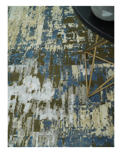 Alfombra antigua de lana y seda, de estilo abstracto moderno, beige y azul, fina, anudada a mano, de 23 x 30 cm | AGR31
