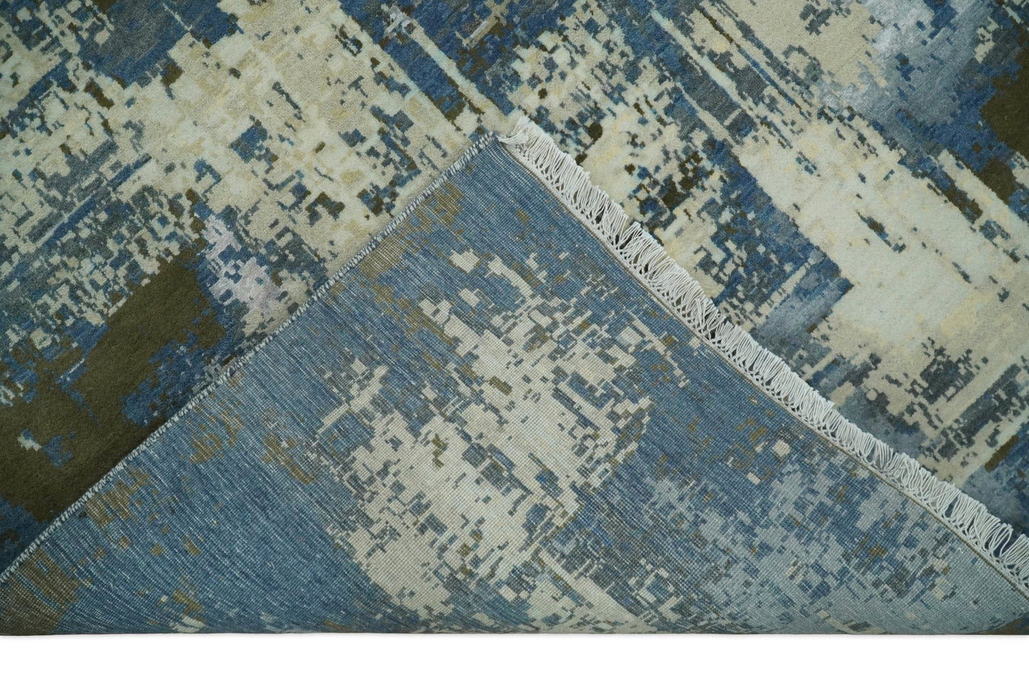 Alfombra antigua de lana y seda, de estilo abstracto moderno, beige y azul, fina, anudada a mano, de 23 x 30 cm | AGR31