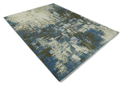 Alfombra antigua de lana y seda, de estilo abstracto moderno, beige y azul, fina, anudada a mano, de 23 x 30 cm | AGR31