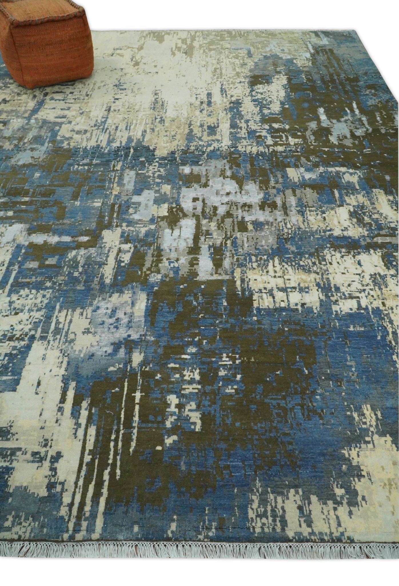 Alfombra antigua de lana y seda, de estilo abstracto moderno, beige y azul, fina, anudada a mano, de 23 x 30 cm | AGR31