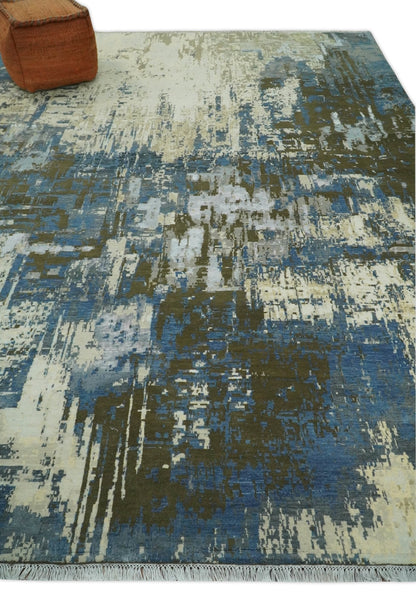 Alfombra antigua de lana y seda, de estilo abstracto moderno, beige y azul, fina, anudada a mano, de 23 x 30 cm | AGR31
