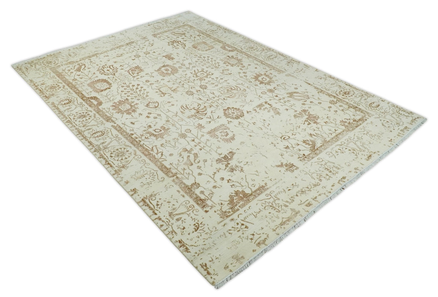 Alfombra antigua de lana y seda, estilo persa tradicional, beige y marrón, fina, anudada a mano, de 23 x 30 cm | AGR46