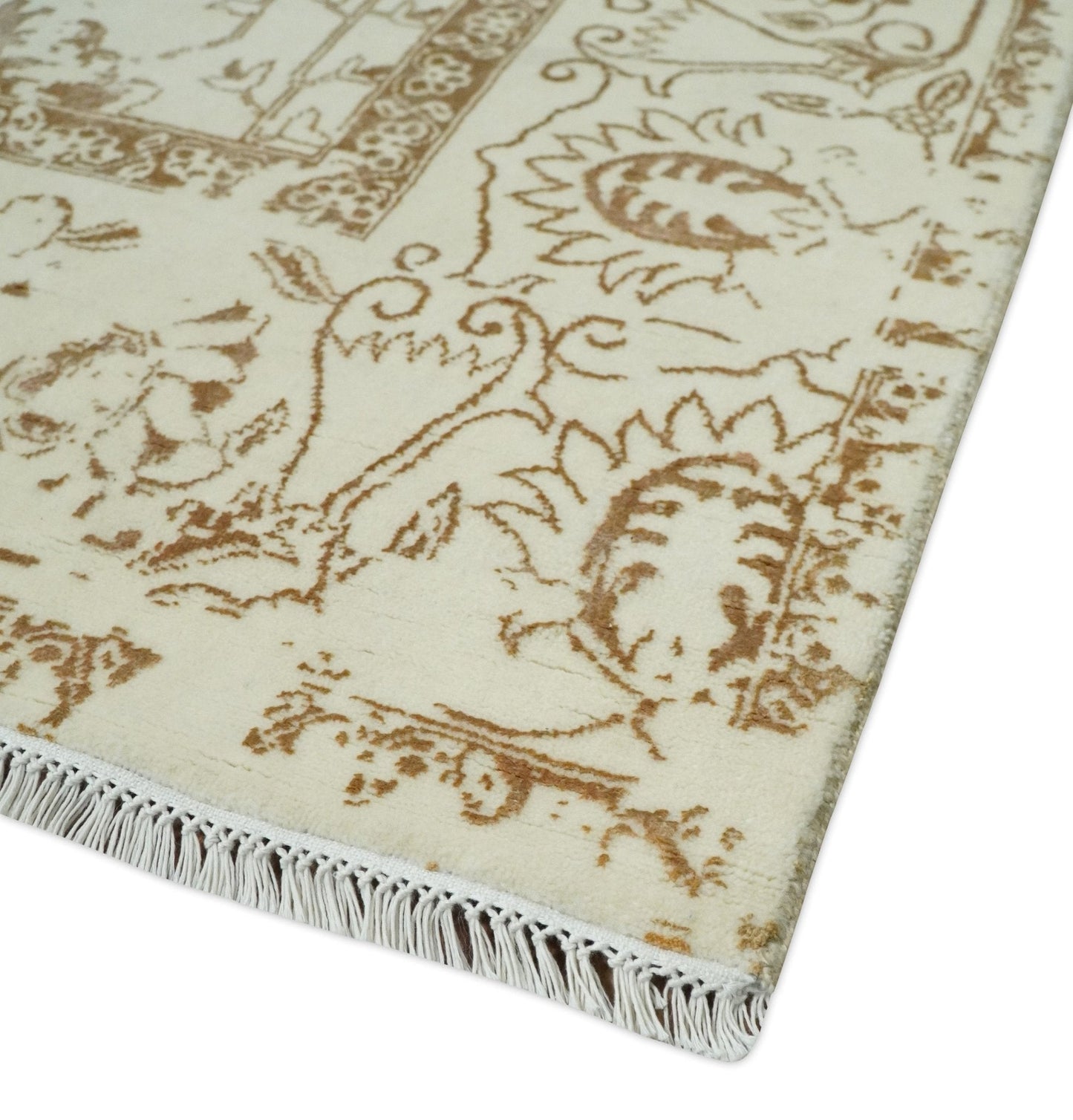 Alfombra antigua de lana y seda, estilo persa tradicional, beige y marrón, fina, anudada a mano, de 23 x 30 cm | AGR46