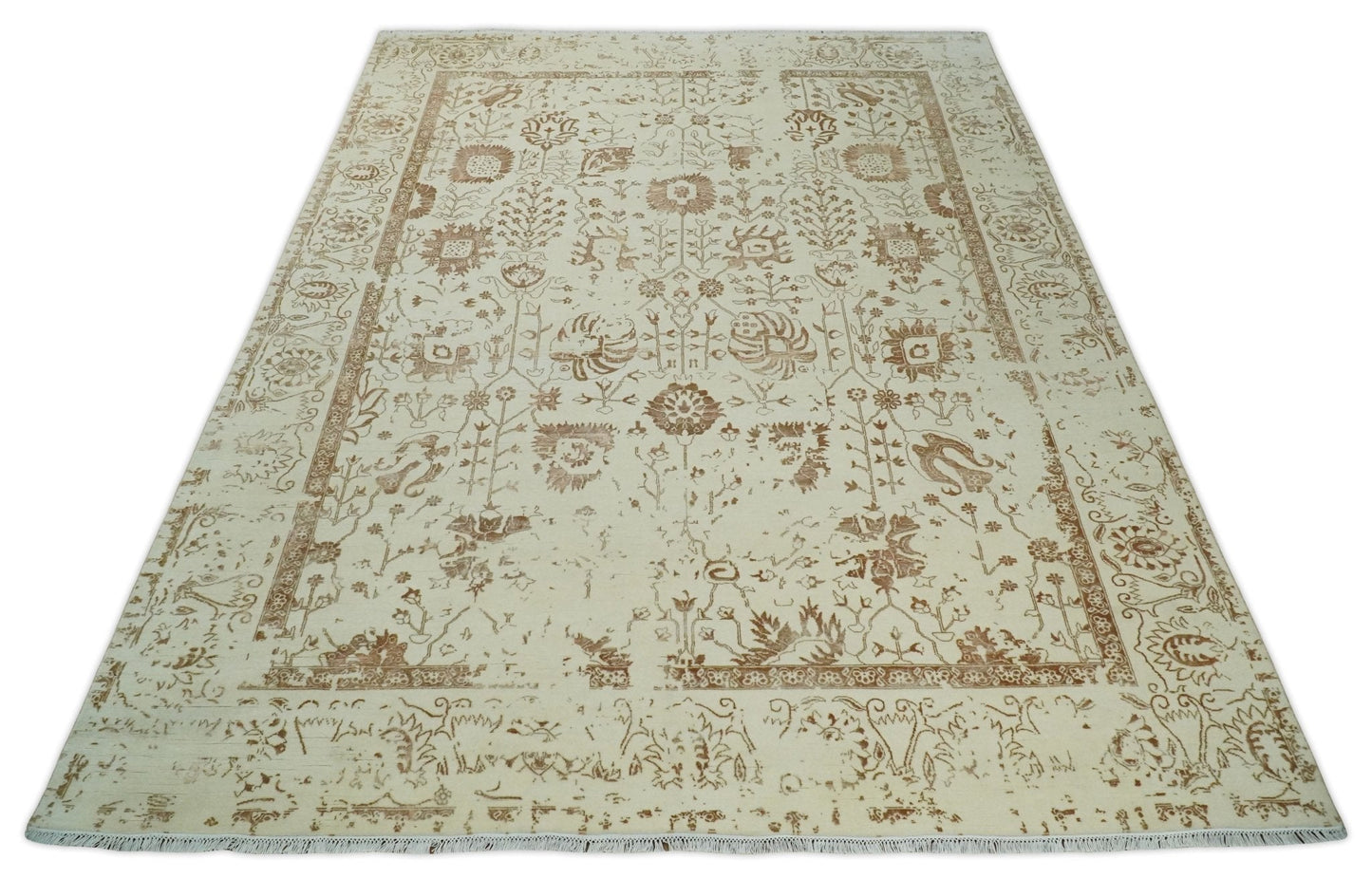 Alfombra antigua de lana y seda, estilo persa tradicional, beige y marrón, fina, anudada a mano, de 23 x 30 cm | AGR46