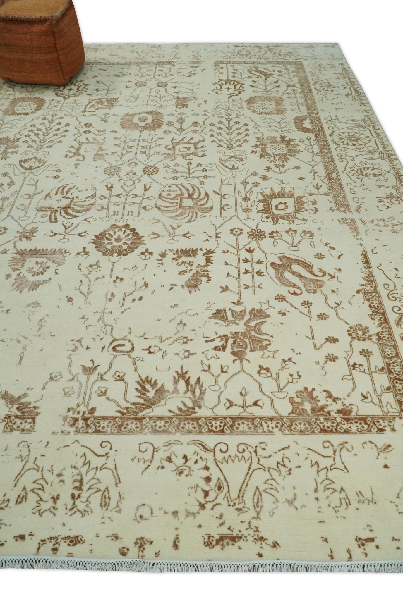Alfombra antigua de lana y seda, estilo persa tradicional, beige y marrón, fina, anudada a mano, de 23 x 30 cm | AGR46