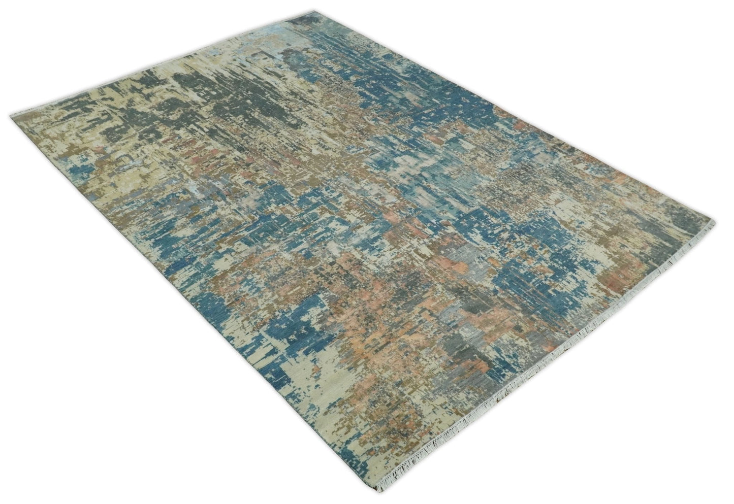 Alfombra de lana abstracta moderna multicolor anudada a mano de 23 x 30 cm | AGR34