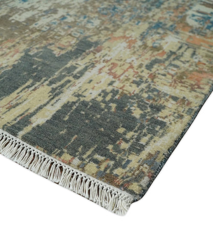 Alfombra de lana abstracta moderna multicolor anudada a mano de 23 x 30 cm | AGR34